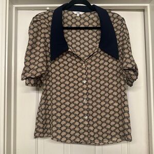 J.ING Tan Buttoned Blouse with Notched Collar